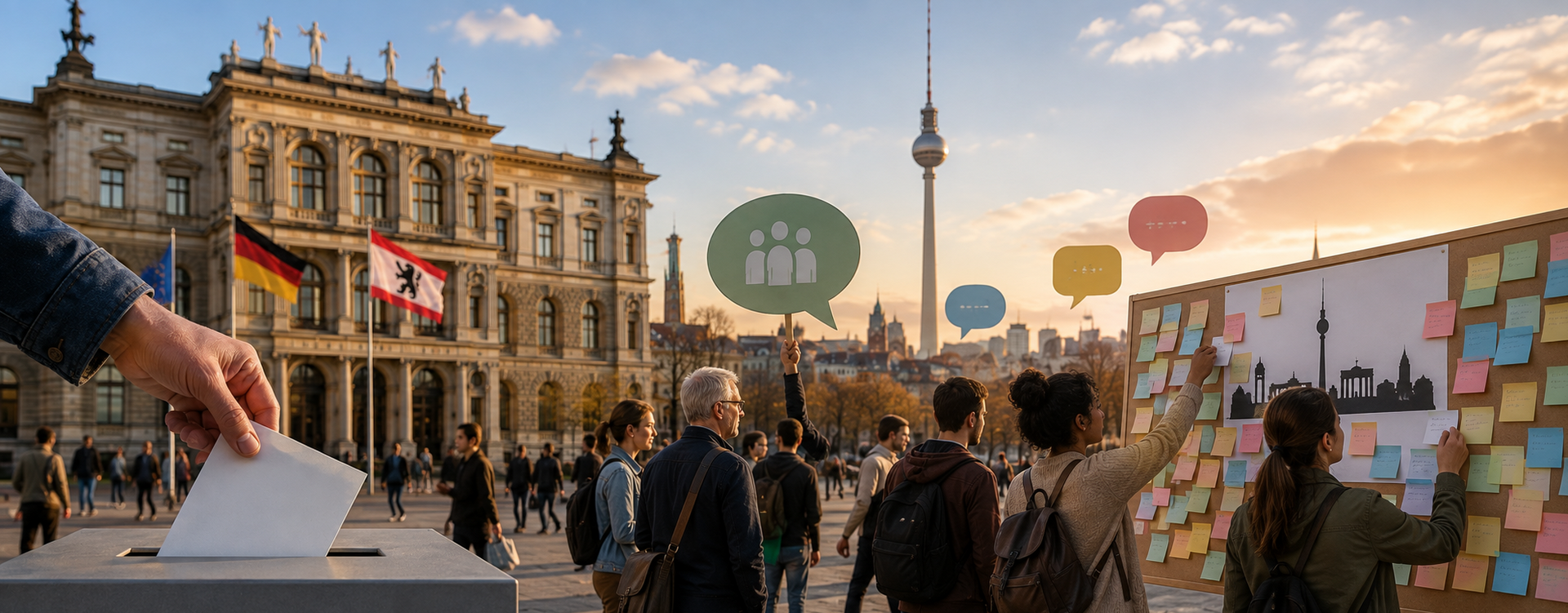 Eine symbolische Darstellung von Abgeordnetenhauswahl und Bürgerbeteiligung in Berlin. Im Vordergrund wird ein Stimmzettel in eine Wahlurne geworfen. Daneben beteiligen sich mehrere Bürgerinnen und Bürger an einer Ideenwand. Sprechblasen stehen für Austausch und gemeinsame Beratung. Im Hintergrund verweisen ein historisches Parlamentsgebäude, die Berliner Flagge und der Fernsehturm auf die Hauptstadt. Das Motiv verbindet damit die repräsentative Demokratie der Wahl mit zusätzlichen Formen direkter Bürgerbeteiligung.
