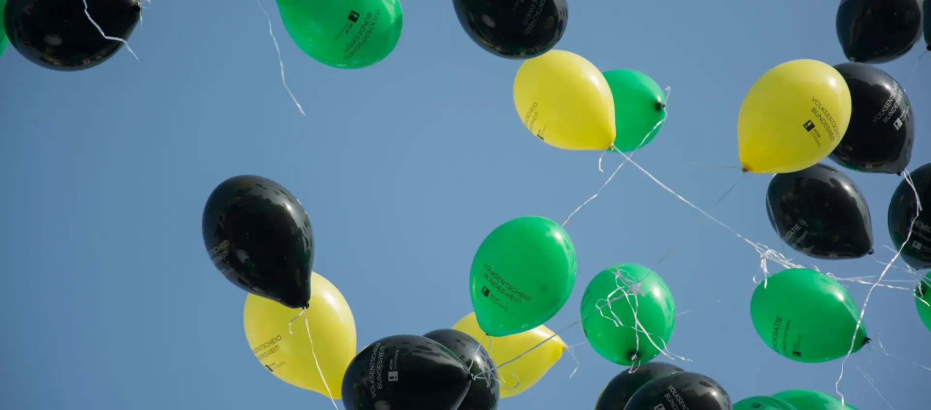 Viele schwarze, gruene und gelbe Luftballons sind im Himmel zu sehen.