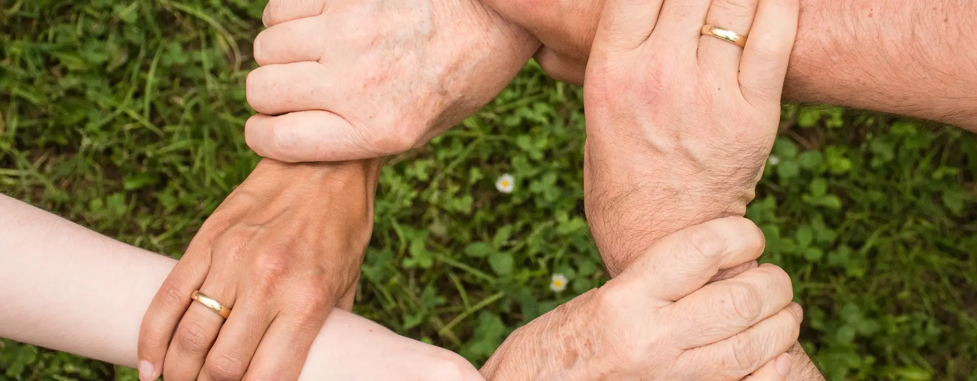 Sechs Arme greifen sich gegenseitig ans Handgelenk und formen damit einen Kreis. Die Menschen sind unterschiedlicher Herkunft und unterschiedlichem Altern, dem Bild nach zu urteilen.
