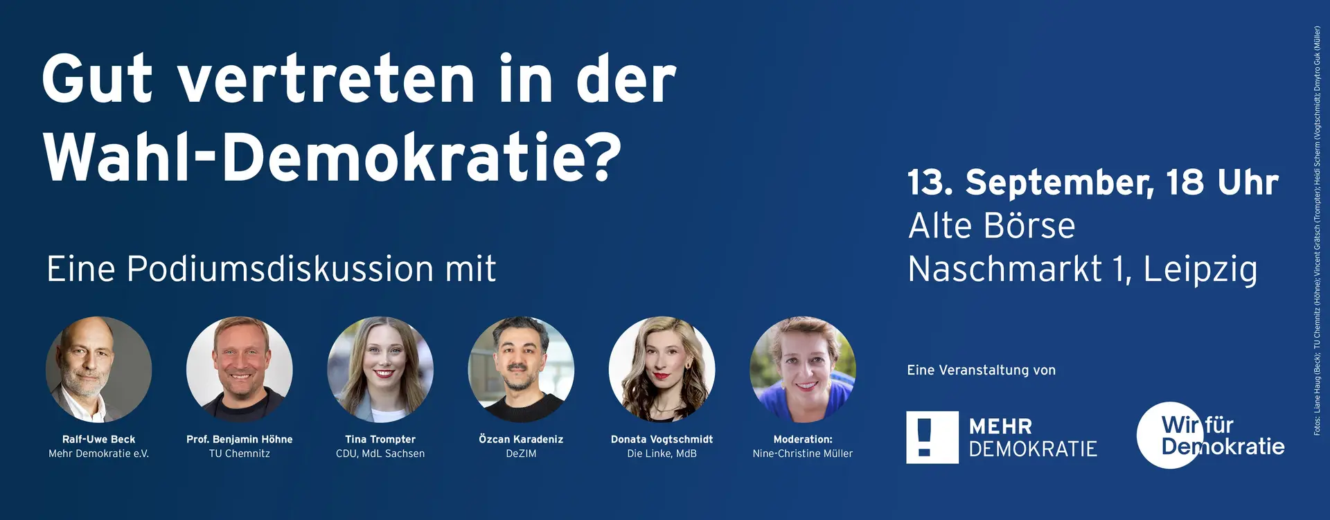 Die Überschrift im Bild lautet "Gut vertreten in der Wahl-Demokratie?, Absatz Eine Podiumsdiskussion mit", darunter sind sechs Porträts von den Menschen, die teilnehmen.