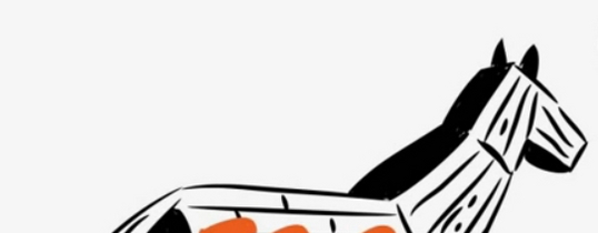 Ein gezeichnetes trojanisches Pferd mit der Aufschrift "TTIP" rollt auf Europa zu und in niederländisch, französisch, spanisch und deutsch steht "Nein danke".