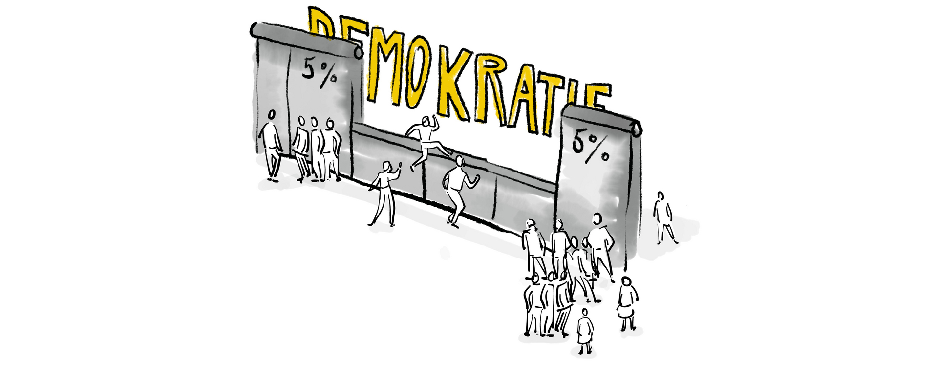 Auf dem Bild ist eine Mauer, die in der Mitte niedriger ist, wo Menschen versuchen darüber zu springen und an den Seiten steht 5 Prozent.