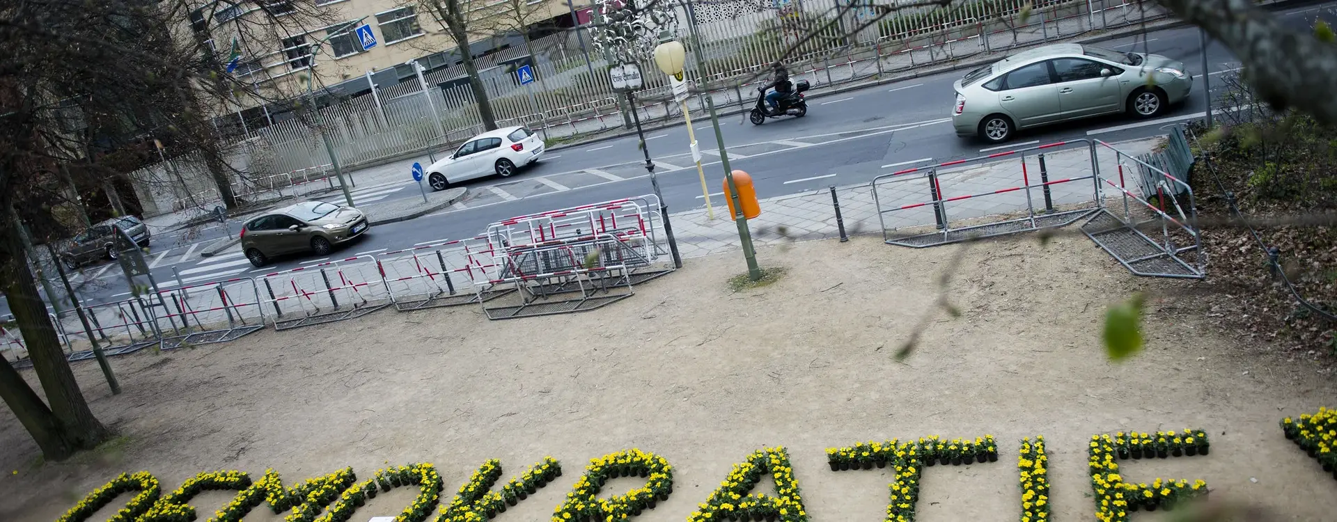 Auf dem Boden ist der Schriftzug "Demokratie" mit Blumen geschrieben worden.