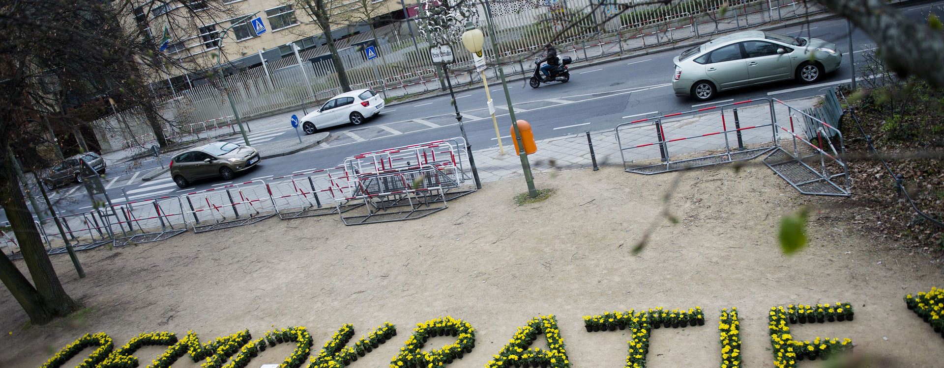 Auf dem Boden ist der Schriftzug "Demokratie" mit Blumen geschrieben worden.