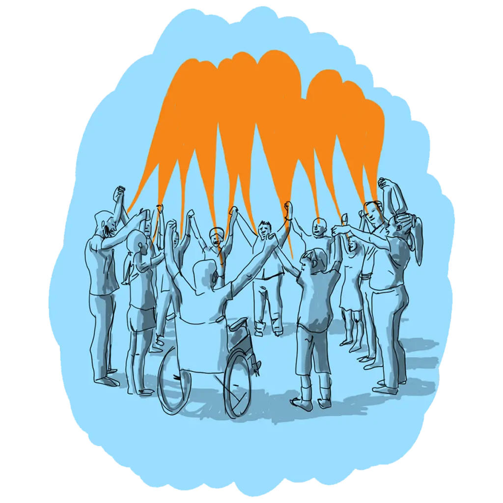 Mehrere Menschen stehen in einem Kreis und ein Rollstuhlfahrer. Aus ihren Händen kommen gelbe Blasen, die sich alle in der Mitte treffen.