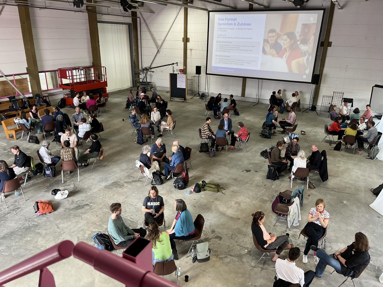 10 Kleingruppen sitzen in einem großen Saal und diskutieren
