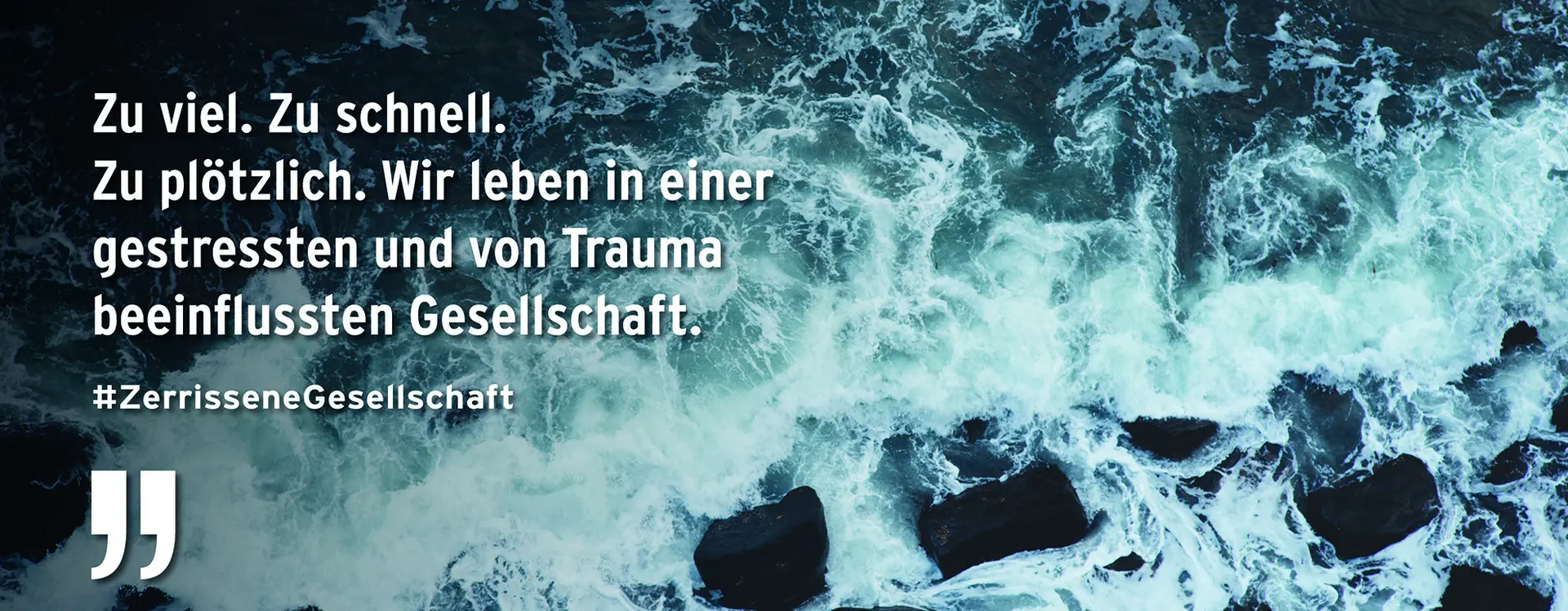 Es ist eine steinige Küstenbrandung zu sehen, mit dem Text: Zu viel. Zu schnell. Zu plötzlich. Wir leben in einer gestressten und von Trauma beeinflussten Gesellschaft. #ZerisseneGesellschaft