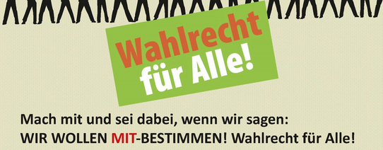 Auf dem Bild ist oben eine Menschenkette, wovon jeder eine unterschiedliche Flagge hochhält. Darunter der Text "Wahlrecht für Alle!" und "Mach mit und sei dabei, wenn wir sagen: WIR WOLLEN MIT-BESTIMMEN! Wahlrecht für Alle!".