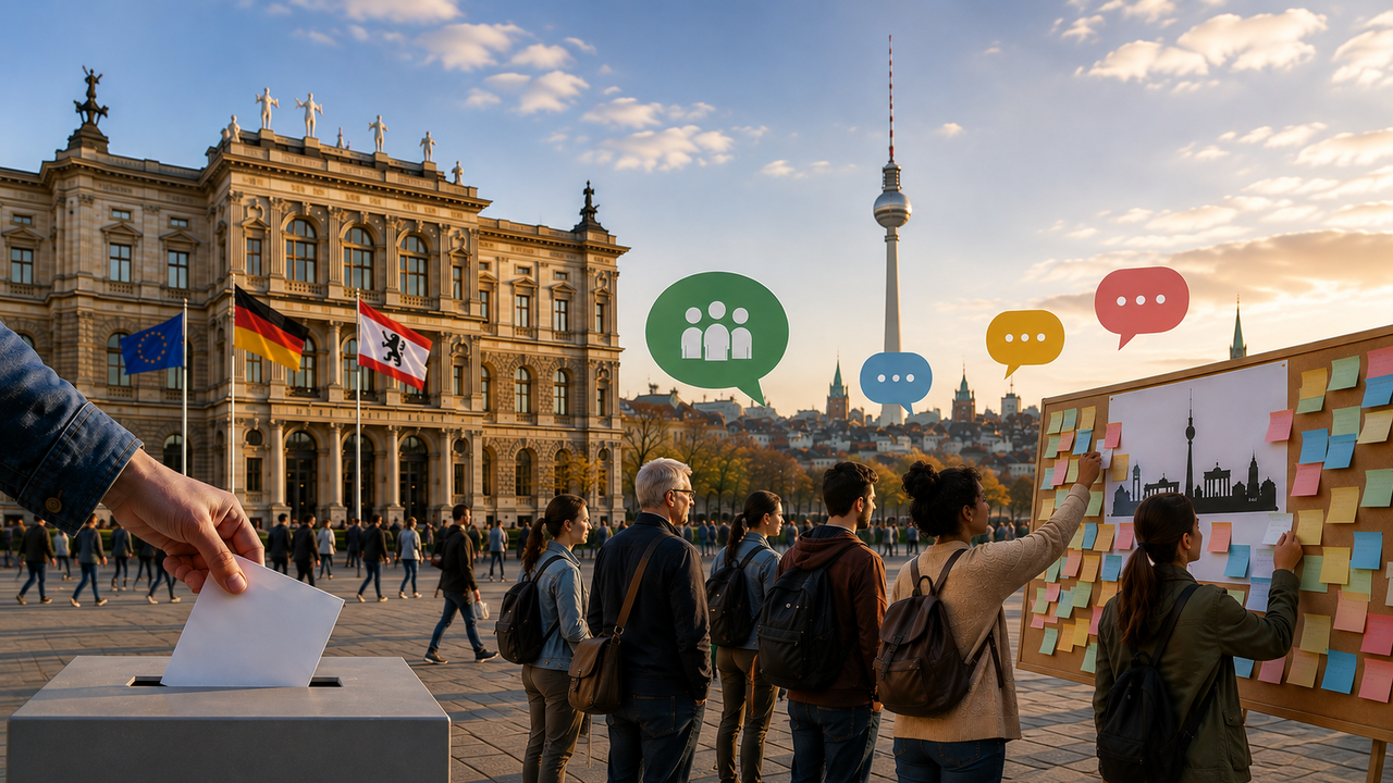 Eine symbolische Darstellung von Abgeordnetenhauswahl und Bürgerbeteiligung in Berlin. Im Vordergrund wird ein Stimmzettel in eine Wahlurne geworfen. Daneben beteiligen sich mehrere Bürgerinnen und Bürger an einer Ideenwand. Sprechblasen stehen für Austausch und gemeinsame Beratung. Im Hintergrund verweisen ein historisches Parlamentsgebäude, die Berliner Flagge und der Fernsehturm auf die Hauptstadt. Das Motiv verbindet damit die repräsentative Demokratie der Wahl mit zusätzlichen Formen direkter Bürgerbeteiligung.