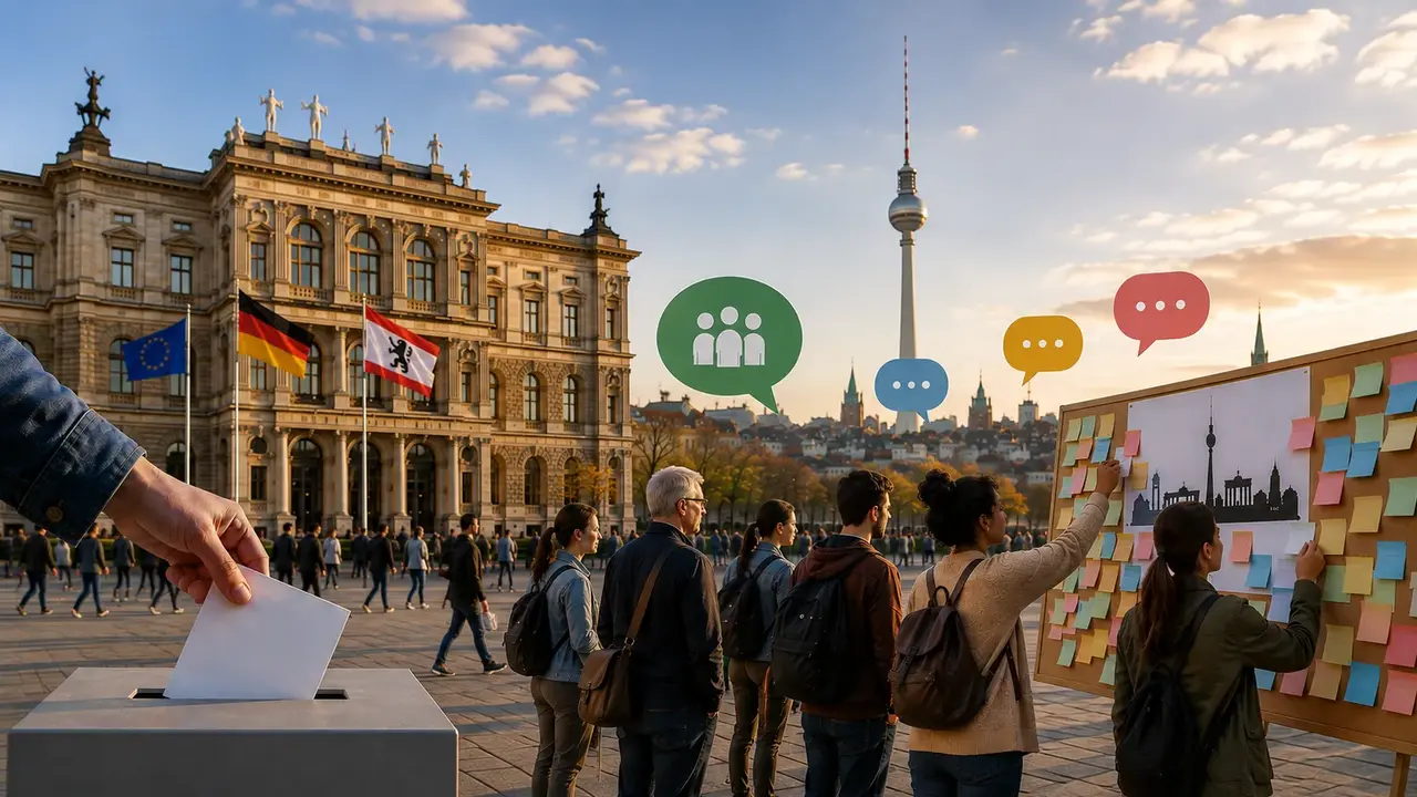 Eine symbolische Darstellung von Abgeordnetenhauswahl und Bürgerbeteiligung in Berlin. Im Vordergrund wird ein Stimmzettel in eine Wahlurne geworfen. Daneben beteiligen sich mehrere Bürgerinnen und Bürger an einer Ideenwand. Sprechblasen stehen für Austausch und gemeinsame Beratung. Im Hintergrund verweisen ein historisches Parlamentsgebäude, die Berliner Flagge und der Fernsehturm auf die Hauptstadt. Das Motiv verbindet damit die repräsentative Demokratie der Wahl mit zusätzlichen Formen direkter Bürgerbeteiligung.