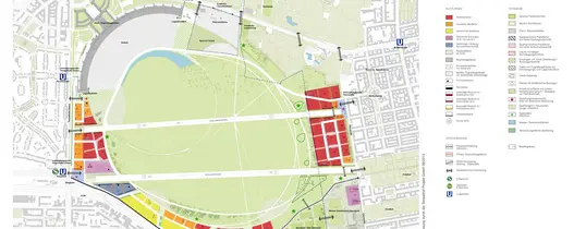 (Bebauungspläne des Berliner Senats | Quelle: http://www.tempelhoferfreiheit.de) Das Bild zeigt den Masterplan für das Tempelhofer Feld in Berlin, wie er im September 2013 entworfen wurde. Es handelt sich um einen farbigen Stadtplan, auf dem das weitläufige, ovale Tempelhofer Feld mit seinen Landebahnen und großen Grünflächen zu sehen ist. Rund um die ehemalige Start- und Landebahn sind in den Randbereichen verschiedenfarbige Flächen eingezeichnet, die geplante Bau- und Nutzungsbereiche darstellen, etwa für Wohnungen, Gewerbe oder Bildungseinrichtungen. Eine Legende am rechten Rand des Plans erklärt die Bedeutung der unterschiedlichen Farben und Symbole.