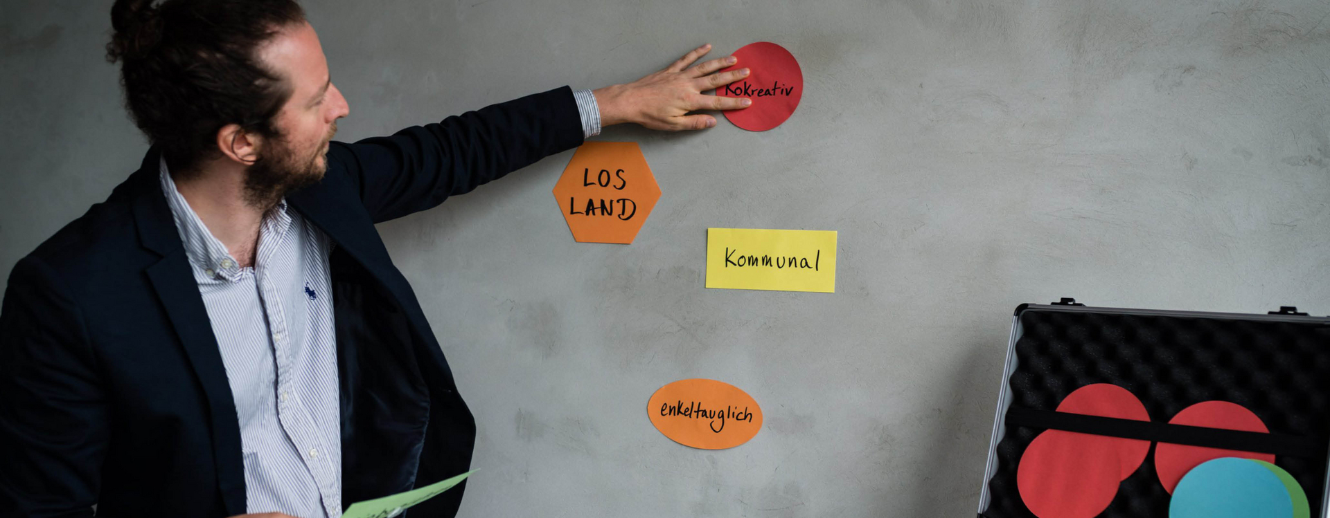 Ein Mann befestigt Post its an der Wand mit den Texten: "Kokreativ" "LOSLAND" "Kommunal" "enkeltauglich".