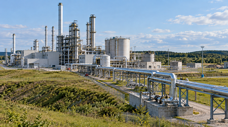 Eine weitläufige Industrieanlage mit hohen silberfarbenen Türmen, großen Tanks und zahlreichen Rohrleitungen unter blauem, leicht bewölktem Himmel. Im Vordergrund verlaufen mehrere metallene Leitungen auf Stützen über ein Betriebsgelände mit Grasflächen, Schotterwegen und Zäunen zur Anlage hin. Im Hintergrund erstreckt sich ein bewaldeter Höhenzug. Menschen sind nicht zu sehen. Das künstlich erzeugte Bild veranschaulicht eine Industrieanlage zur Abscheidung und zum Transport von Kohlendioxid (CO₂).