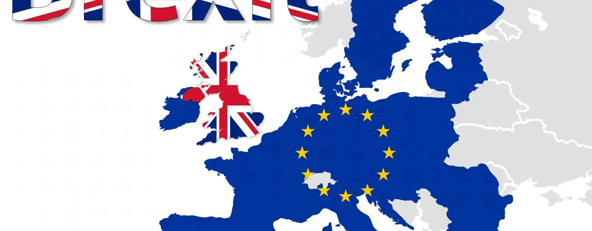 Es sin die Umrisse der Europäischen Union abgebildet, welche die EU Flagge innerhalb der Grenzen haben, außer Großbritannien, welche ihre Flagge hat, da oben-links im Bild "Brexit" steht.