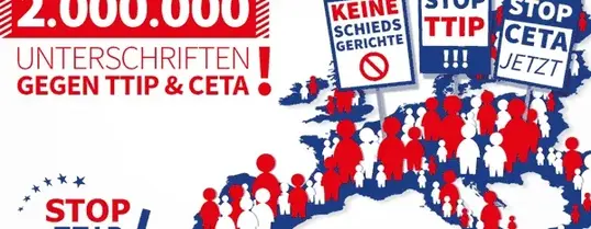 Man sieht die Umrisse von Europa, wo gezeichnete Menschen "KEINE SCHIEDSGERICHTE", "STOP TTIP!!!" und "STOP CETA JETZT" Plakate hochhalten. Links daneben steht "2.000.000 Unterschriften gegen TTIP & CETA!".