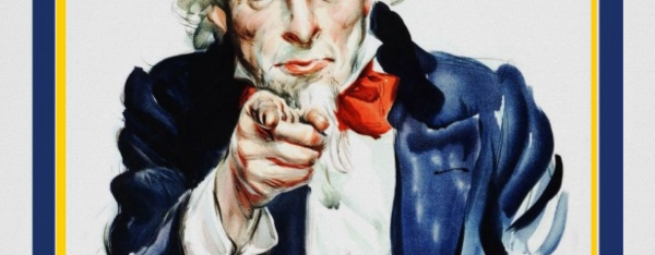 "Onkel Sam" mit der Aufschrift "I WANT YOU FOR E.U. DEMOCRACY" ist zu sehen.