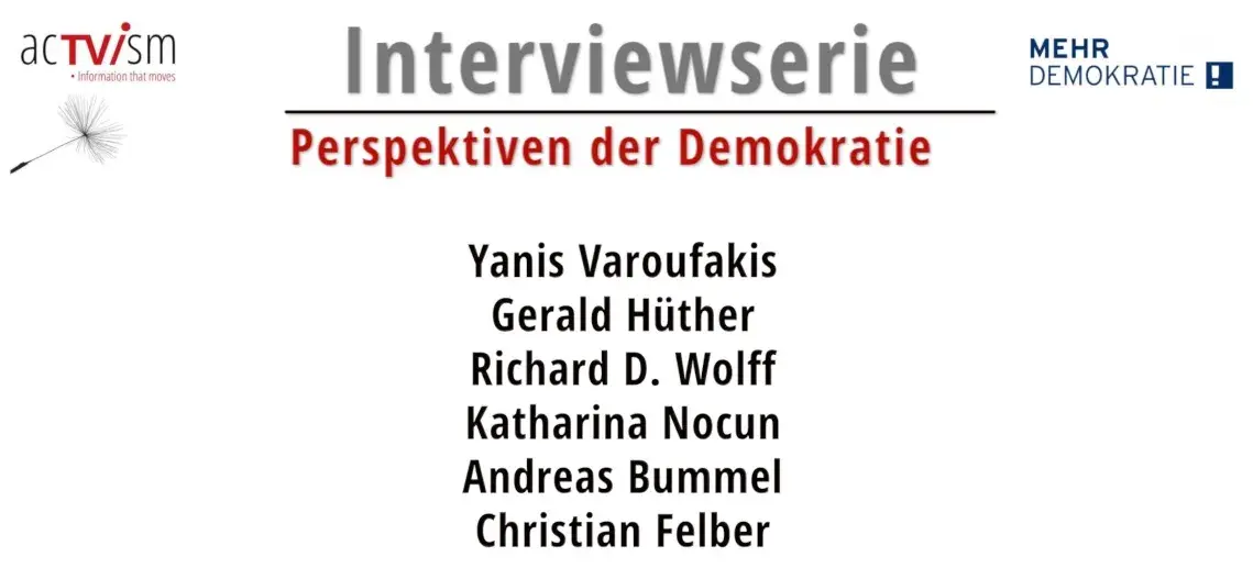 Auf dem Bild steht "Interviewserie, Absatz Perspektiven der Demokratie".