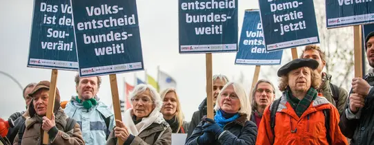 (Quelle: Mehr Demokratie e.V. | Lizenz: CC BY-SA 2.0) Zu sehen ist ein Protestmarsch, welcher bundesweite Volksentscheide fordert.