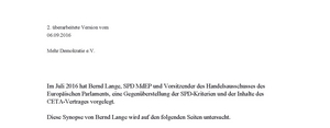 Das Deckblatt von dem Papier "Die SPD, CETA und die roten Linien", ist zu sehen.