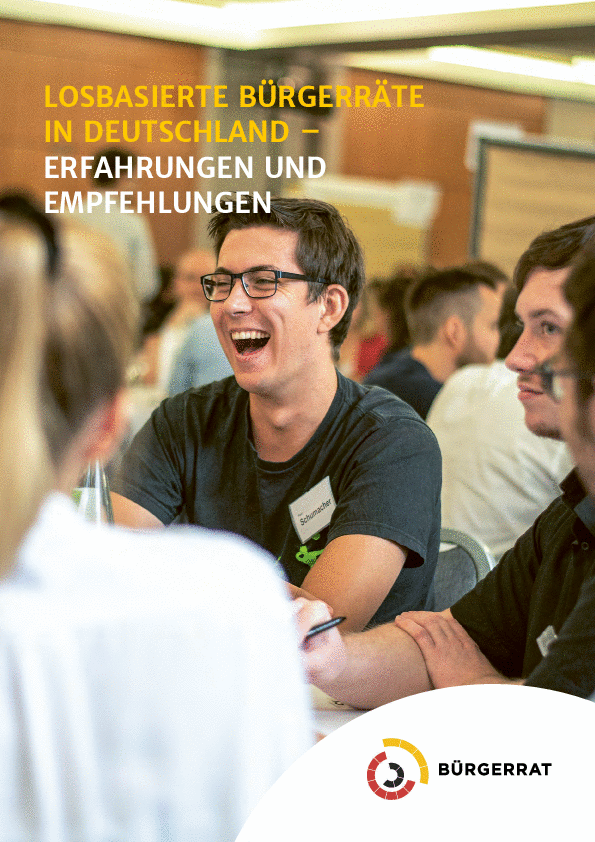 Das Deckblatt von der Broschüre Losbasierten Bürgerräten in Deutschland, ist zu sehen.