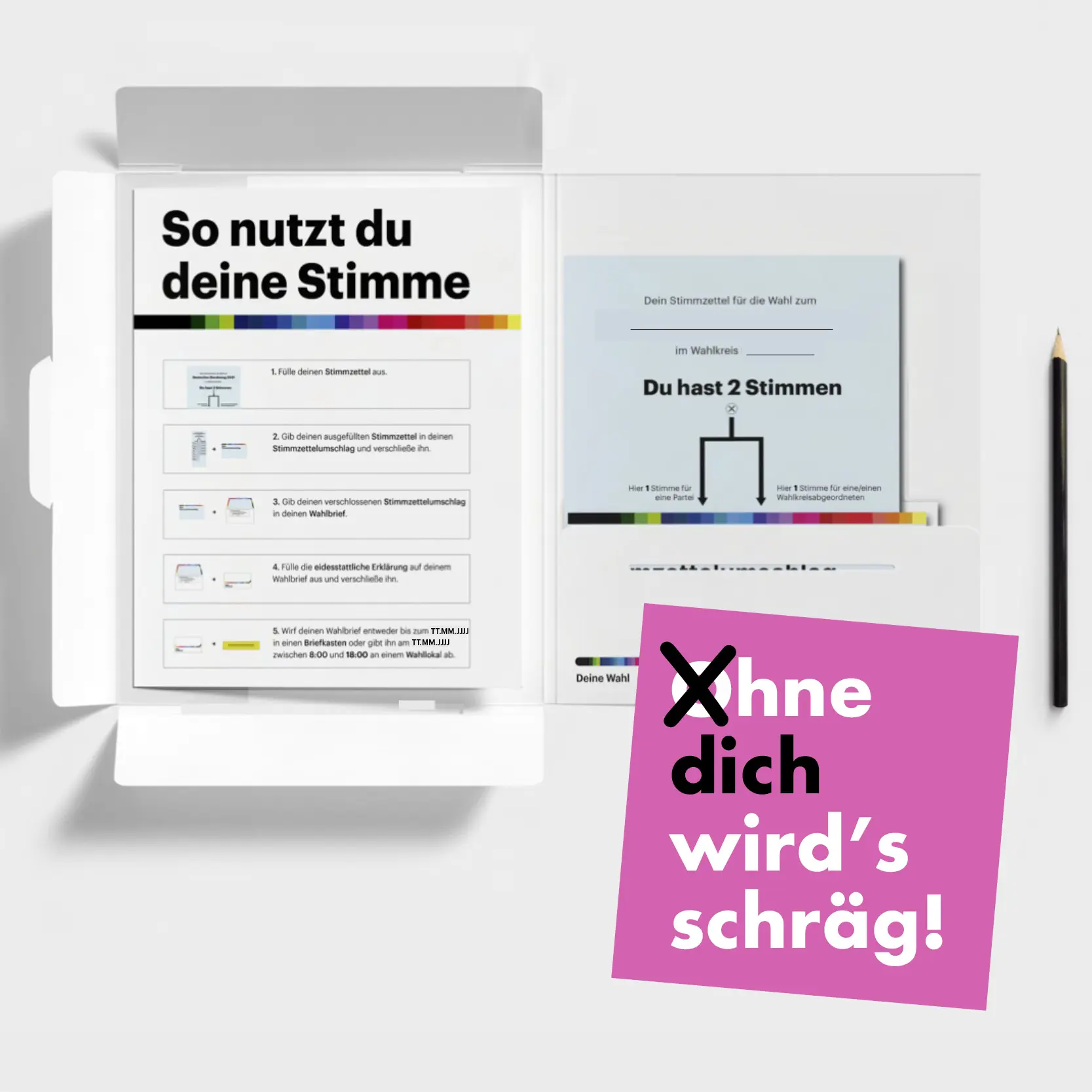 Auf dem Bild ist ein Zettel mit dem Text "So nutzt du deine Stimme" und rechts-unten einem Kaestchen mit dem Text "Ohne dich wird's schraeg!".