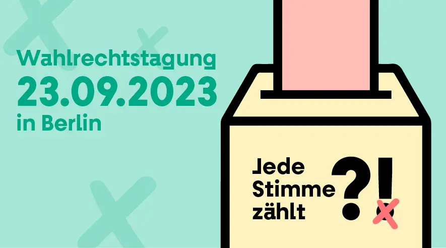 Auf dem Bild ist eine Wahlurne zu sehen, auf der "Jede Stimme zählt?!" steht. Der Punkt bei dem ! ist aber rot durchgestrichen.