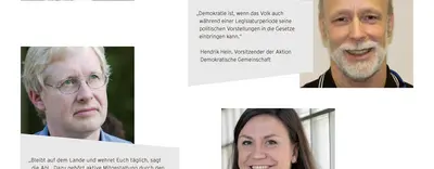 Fünf Menschen mit Porträts und Statements sind auf dem Bild zu sehen.
