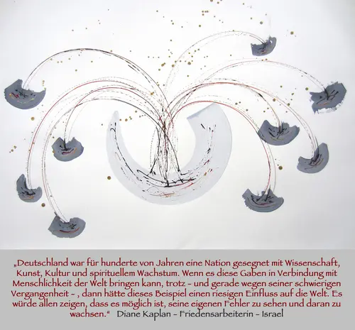 Auf dem Bild ist abstrakte Kunst zu sehen. In der Mitte ist etwas ähnliches wie ein Stoßzahn, drumherum sin Bruchstücke mit Farbklecksen drauf, jedes dieser Teile ist mit mehreren Farbbögen mit der Mitte der "Stoßzahnes" verbunden.