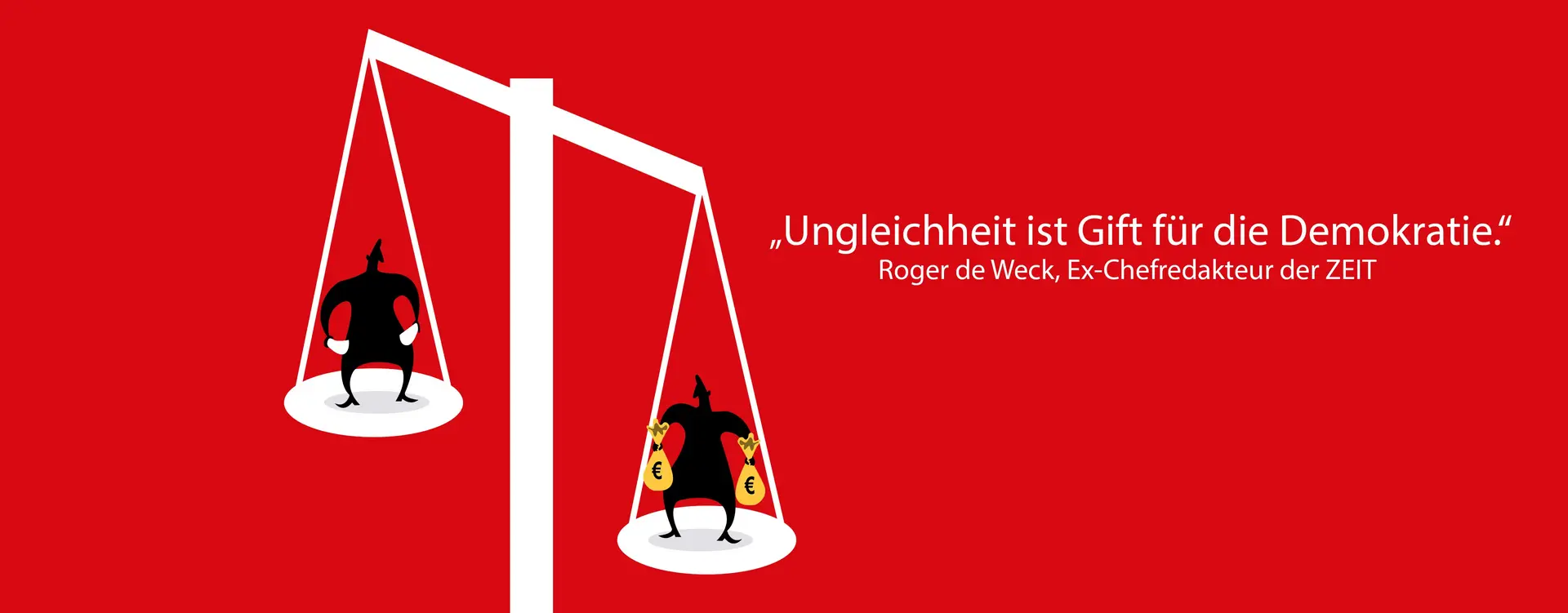 Auf dem Bild ist eine altmodische Waage. Auf der rechten Seite ist ein Mann mit zwei schweren Geldsäcken und deswegen weiter unten und links ist ein Mann mit zwei leeren Taschen und deswegen weiter oben.