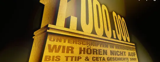 2014 1 Million gegen TTIP und CETA Das Bild erinnert an das Intro von den Filmen von 20th Century Fox (heute 20th Century Studios). Als Text steht da "1.000.000 Unterschriften in Rekordzeit wir hören nicht auf bis TTIP & CETA Geschichte sind! unsere Bewegung wächst mach mit auf www.STOP-TTIP.org".
