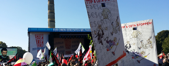 (Kundgebung am Großen Stern | Foto by Charlie Rutz | Lizenz: CC BY-SA 2.0) Zu sehen ist ein Protest unter der Siegessäule.