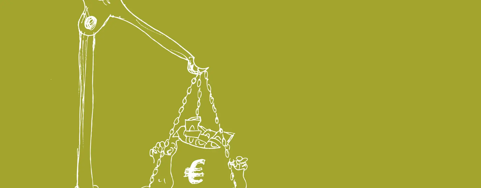 Es ist eine altmodische Waage zu sehen, auf der rechten Seite ist eine großen Geldsack und die linke Seite sieht man nicht, ist aber höher als die rechte.