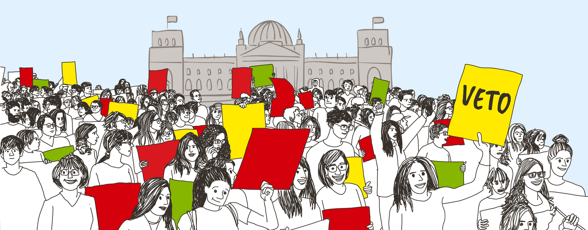 Viele gezeichnete Menschen mit roten, gelben und gruenen Plakaten. Auf einem gelben Plakat steht "VETO".