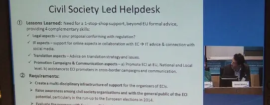 2013-04-11 EBI-Tag05 Auf dem Bild steht "Civial Society Led Helpdesk" und darunter sind die Punkte "Lessons Learned", "Requirements" und "Call for Action".