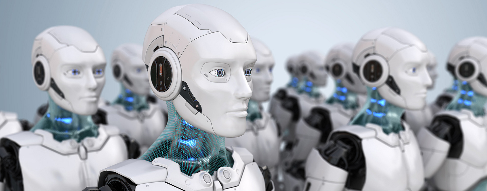 Auf dem Bild sind viel humanoide Roboter zu sehen.