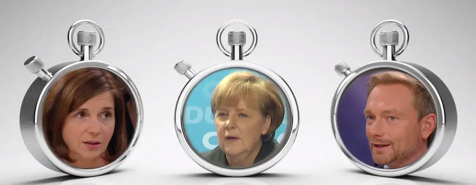 Auf dem Bild sind drei Stoppuhren mit den Gesichtern von Christian Lindner, Angela Merkel und noch einer Frau.