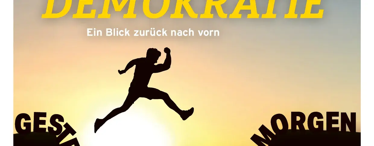 Zu sehen ist das Deckblatt von der Magazin Ausgabe vom 02.2023. Auf dem Bild springt ein Mann von links (Gestern) über einen Abgrund nach rechts (Morgen). Oben-Mittig steht: 35 Jahre Mehr Demokratie, Absatz Ein Blick zurück nach vorn