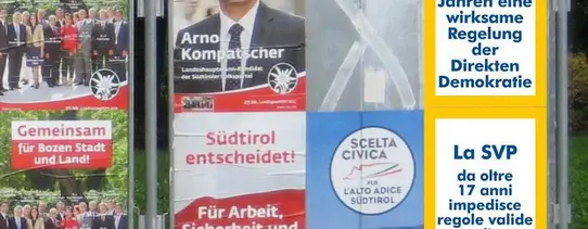 SVP-Wahlplakate (links), boykottiert von der Initiative für mehr Demokratie (rechts) Auf dem Bild sind fünf Wahlplakate zu sehen.