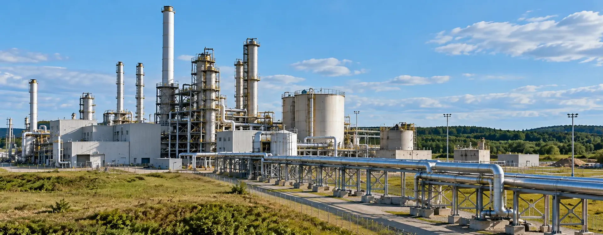 Eine weitläufige Industrieanlage mit hohen silberfarbenen Türmen, großen Tanks und zahlreichen Rohrleitungen unter blauem, leicht bewölktem Himmel. Im Vordergrund verlaufen mehrere metallene Leitungen auf Stützen über ein Betriebsgelände mit Grasflächen, Schotterwegen und Zäunen zur Anlage hin. Im Hintergrund erstreckt sich ein bewaldeter Höhenzug. Menschen sind nicht zu sehen. Das künstlich erzeugte Bild veranschaulicht eine Industrieanlage zur Abscheidung und zum Transport von Kohlendioxid (CO₂).