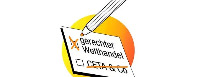 Auf dem Bild ist ein Zettel, wo "CETA & CO" durchgestrichen wurde und "gerechter Welthandel" angekreuzt wurde.