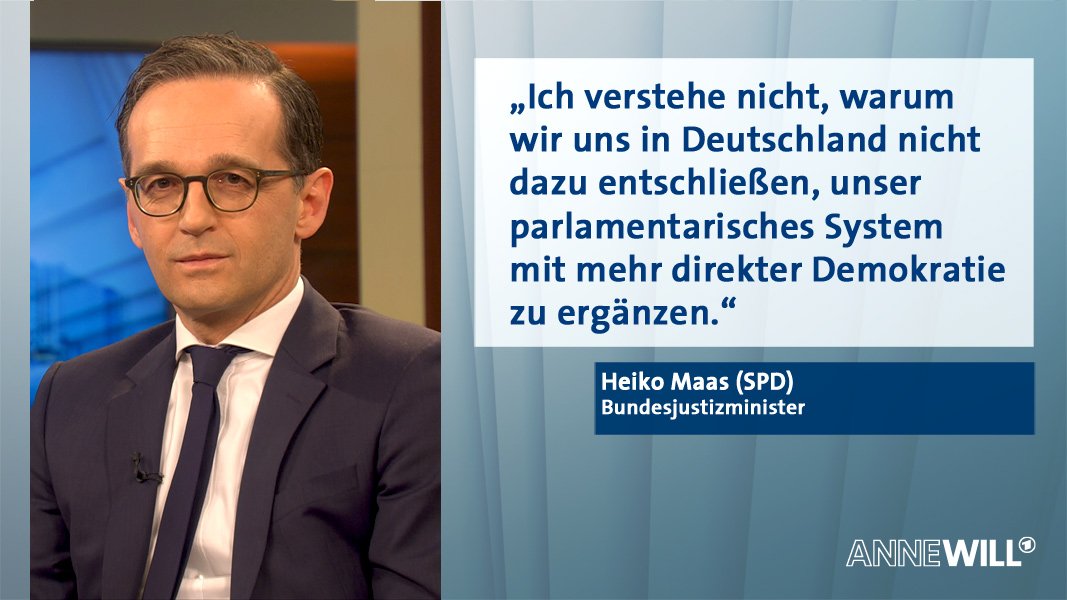 Links auf dem Bild ist ein Foto von Heiko Maas. Rechts steht "Ich verstehe nicht, warum wir uns in Deutschland nicht dazu entschließen, unser parlamentarisches System mit mehr direkter Demokratie zu ergänzen.".