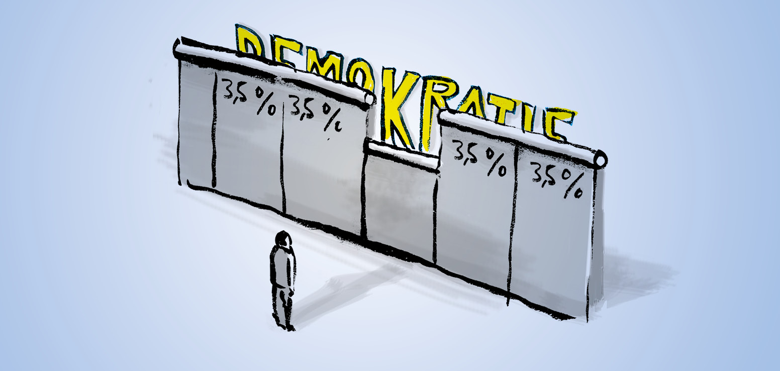 Zu sehen ist eine Mauer, wo 3,5% drauf und dahinter "Demokratie" steht. In der Mitte ist die Mauer etwas niedriger.