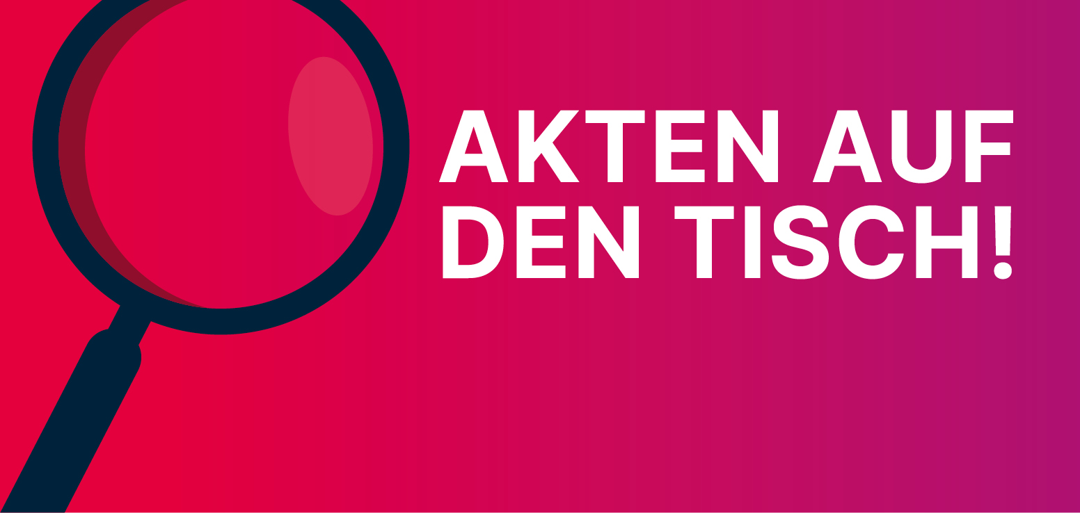 Auf dem Bild ist links eine Lampe und rechts steht "AKTEN AUF DEN TISCH!".